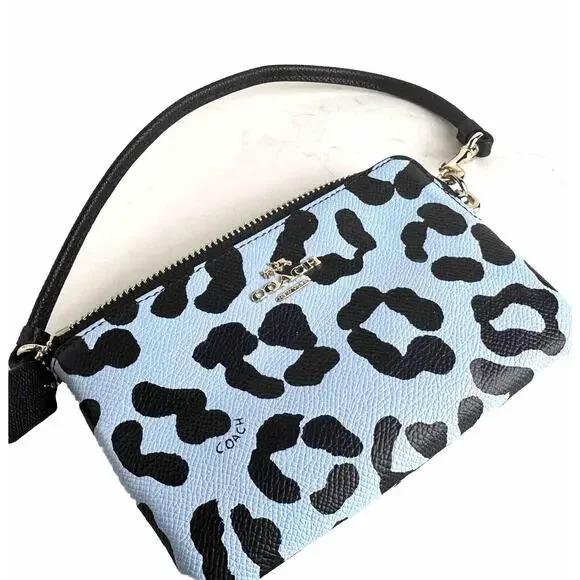 Coach Ocelot Print Grossgrain Leather Corner Zip Wristlet, Blue, Black, 41-15